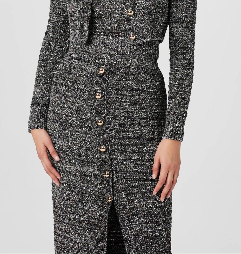 NEW TOCCIN miller long sleeve crew neck cardigan in charcoal multi